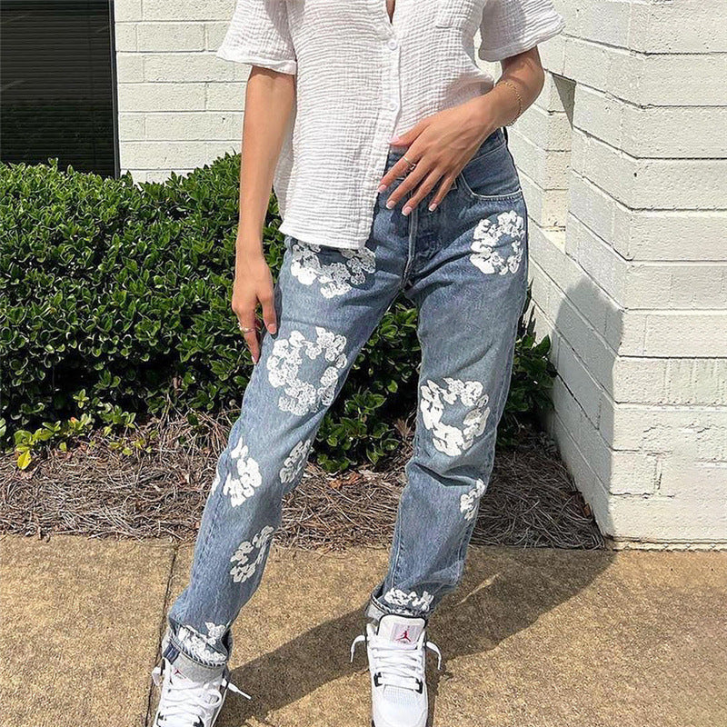 Fashionable Printed High Waist Straight Jeans For Women - Bellarte Enchanté Fashionable Printed High Waist Straight Jeans For Women